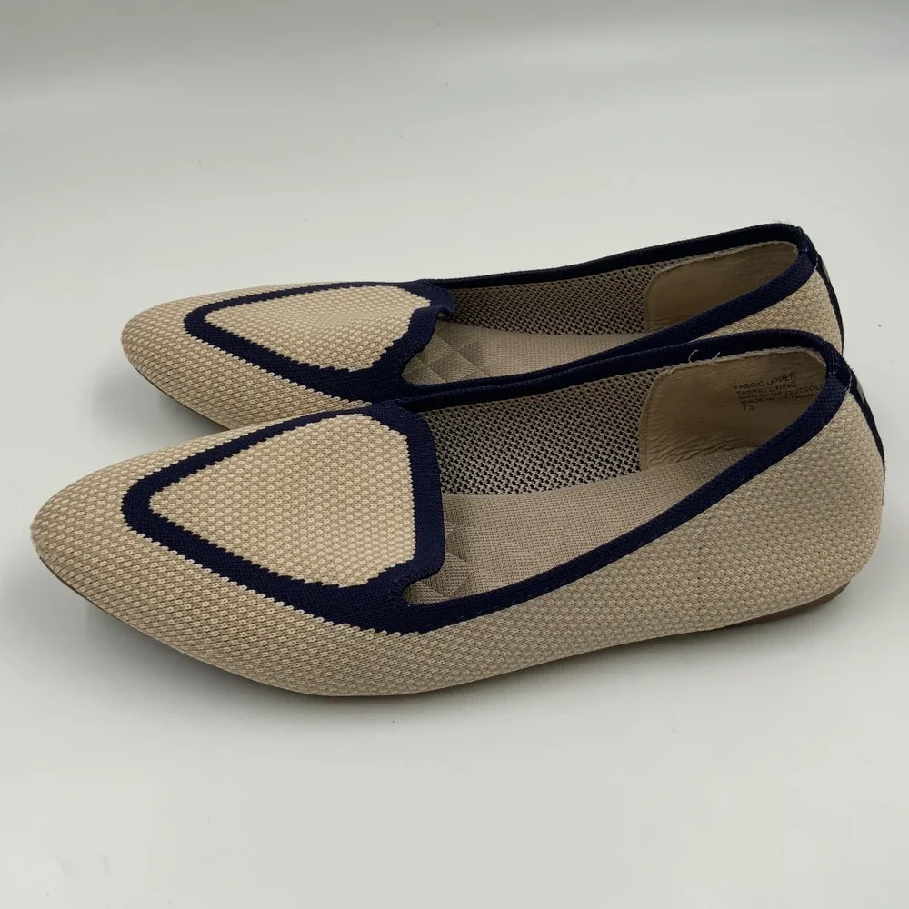 Birdies Blackbird Tan Navy Blue Knit Pointed Toe‎ Flat Loafers Womens 7.5